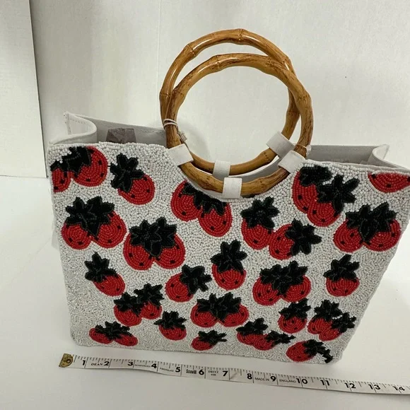 NWT Sol + Mer Strawberry Beaded Viral Purse Handbag w Bamboo Handles White Strap - Picture 5 of 15